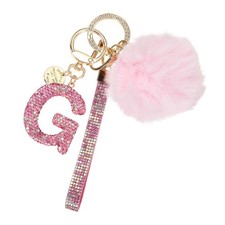 Initial Letter g Keychain with Pom and Rhinestone Wristlet, Pink