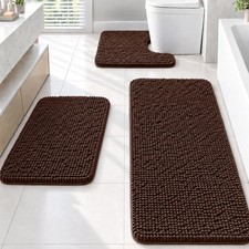 Brown Chenille Bath Rug Set 3 Pcs Quick Dry Non Slip Soft Toilet Mat