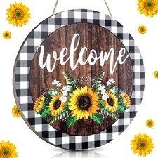 Jetec 12 x 12 In Sunflower Sign Hanging Summer Welcome Sign Door Round Wooden...