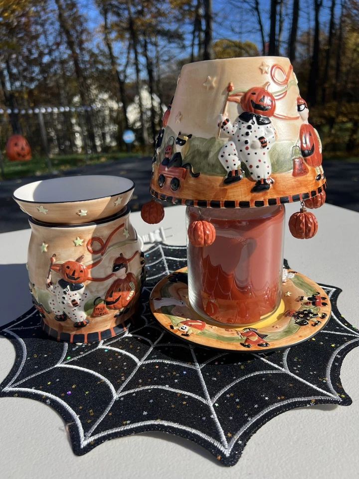 2005 年洋基蜡烛 Theresa Kogut 万圣节 JOL Jar 灯罩、盘子、蜡加热器 罕见 — 第 2/4 张图片