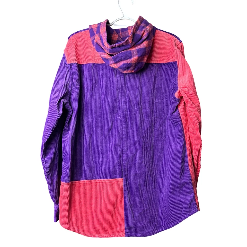 Teddy Fresh size Large Corduroy Button Front Shirt Shacket Hoodie Colorblock - Image 2 of 4