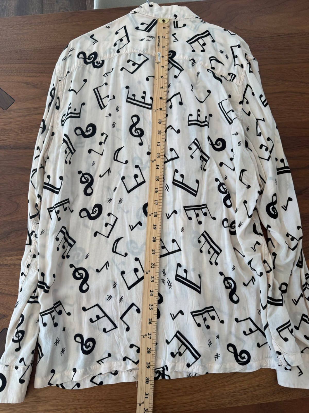 AllSaints Music Notes Long Sleeve Button-Down Vintage Style XL Cream Rare image 6