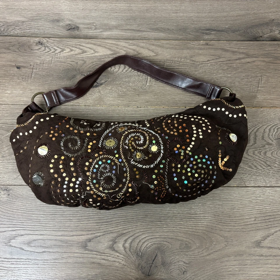 VTG Floral Beaded Hand Bag Shoulder Bag Brown Suede Embellished Embroidered Hobo - Image 4 of 4