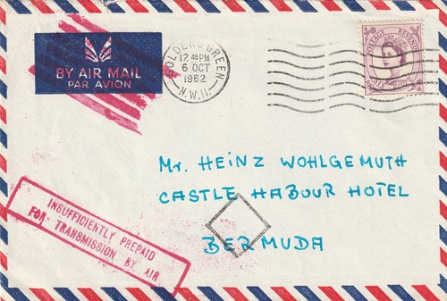 GB to Bermuda GOLDERS GREEN QE2 6d Wilding INSUFFICIENT FOR AIRMAIL 1962