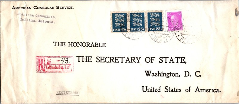 1937 Registered Tallinn Estonia Consular Service Cover to Washington DC USA