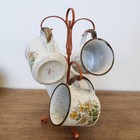 Vintage Otagiri Wildflower Speckled Stoneware 4 Mug Set w/ Mug Tree Stand Japan 