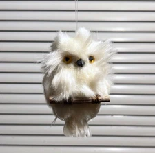 Cute White Baby Owl Chick Figurine Realistic w Feathers Christmas Tree Ornament