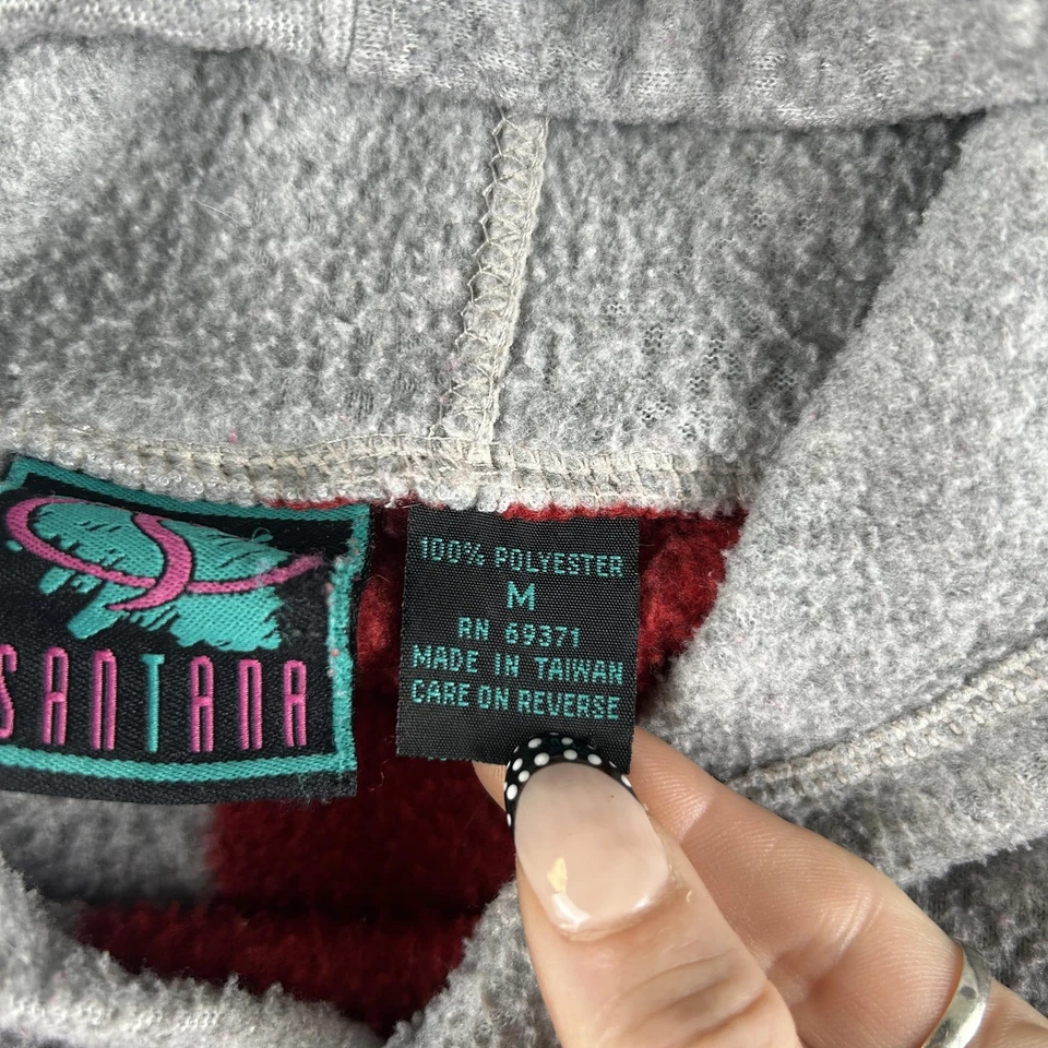 Vintage Santana Hoodie Mens Medium Gray Red Striped Pullover Kangaroo Pocket 90s - Image 4 of 4