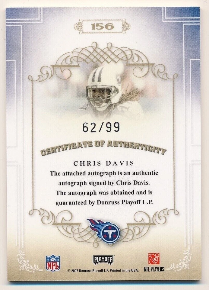 CHRIS DAVIS 2007 PANINI NATIONAL TREASURES #156 ROOKIE AUTOGRAPH 62/99 RC SP - Image 2 of 2