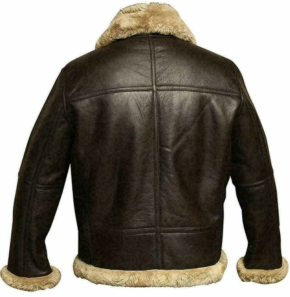 Men's Aviator RAF B3 Flying Bomber Fur Shearling Moto Biker Leather Jackets LNJ - Image 4 of 4
