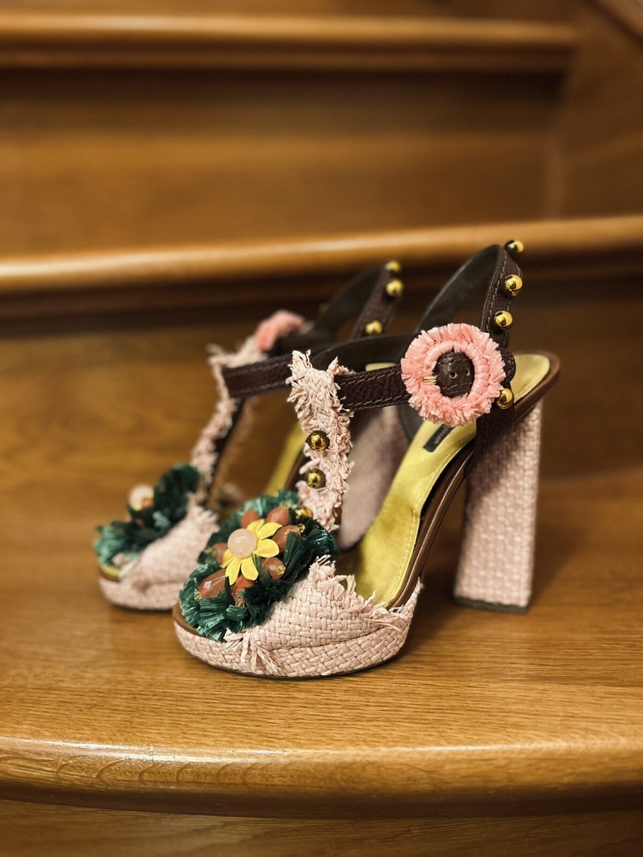 Dolce & Gabbana Raffia Floral Print T-Strap Sandals | eBay