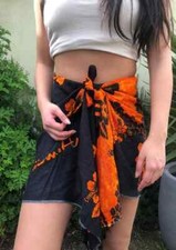 Hawaiian Sarong Short Black Orange Hibiscus Wrap Skirt Beach Bikini Cover Up