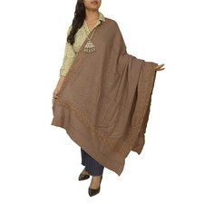 Sanskriti Vintage Brown 100 Pure Woollen Shawl Handmade Suzani Long Throw Stole