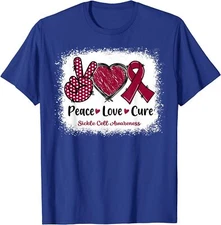 Womens Peace Love Cure Sickle Cell Awareness Burgundy Unisex T-Shirt