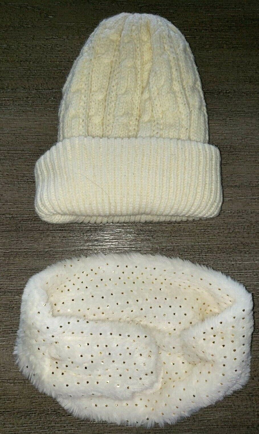 hanes her way DOUBLE LAYER KNIT BEANIE HAT FLEECE HEADBAND gold dots sparkles 