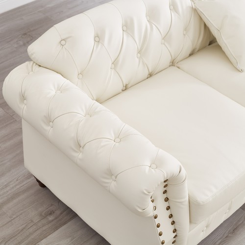 85.8" Chesterfield Sofa Faux Leather Upholstered 3Seater Rolled Arm Tufted White - Picture 12 of 12