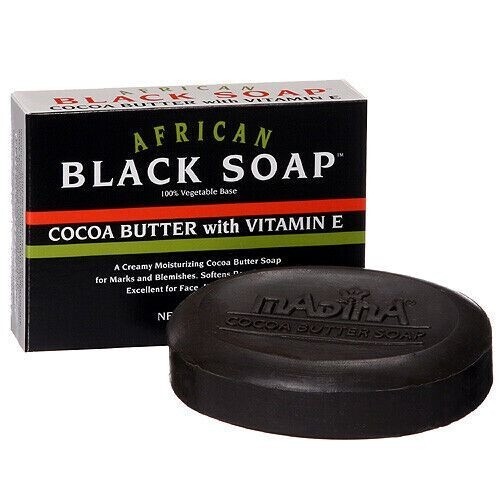 Madina African Black Soap Cocoa Butter with Vitamin E, 3.5 OZ Vegan 6 or 12 Pack - Picture 1 of 2