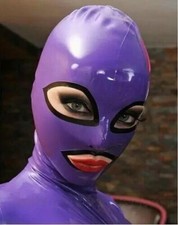 Latex Hood Back Zipper Rubber Mask Purple Cosplay Costume Club Wear Costume BDSM