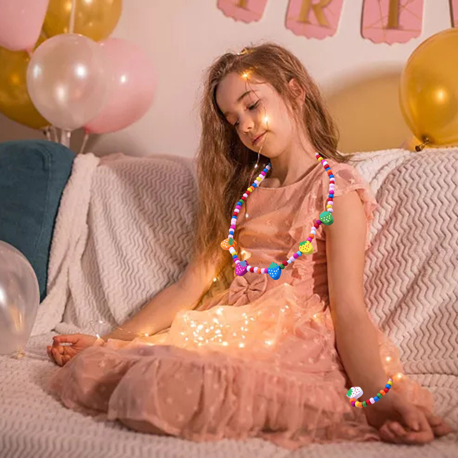 2pcs/Set Little Girls Jewelry Set Wooden Stretch Necklace Bracelet Play