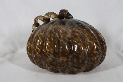ART GLASS HAND-BLOWN HUGE PUMPKIN GOURD COILED STEM TORTOISE SHELL SPARKLE 11'' 