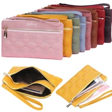 Women Soft Leather Zip Wallet Large Capacity Wrist Strap Card Holder Phone Purse