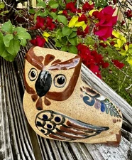 Vintage TONALA  Mexican Hand Painted Green Clay Owl Pottery Bird 5” X 6”