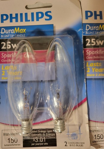 4-25w Philips Duramax B10.5 Candelabra Sparkling Clear Light Bulbs - Picture 2 of 2
