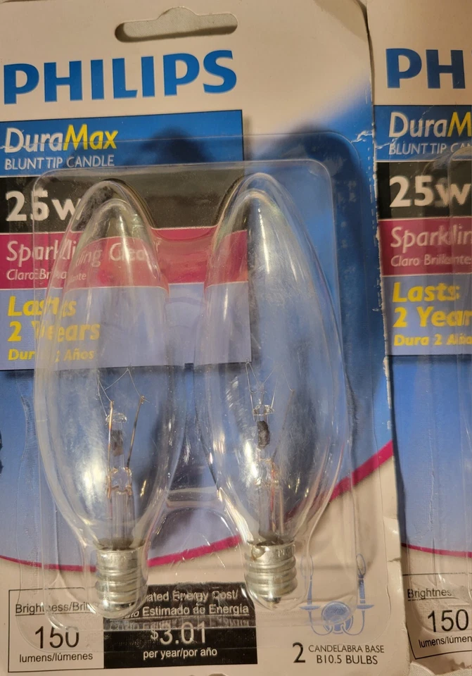 4-25w Philips Duramax B10.5 Candelabra Sparkling Clear Light Bulbs - Image 2 of 2