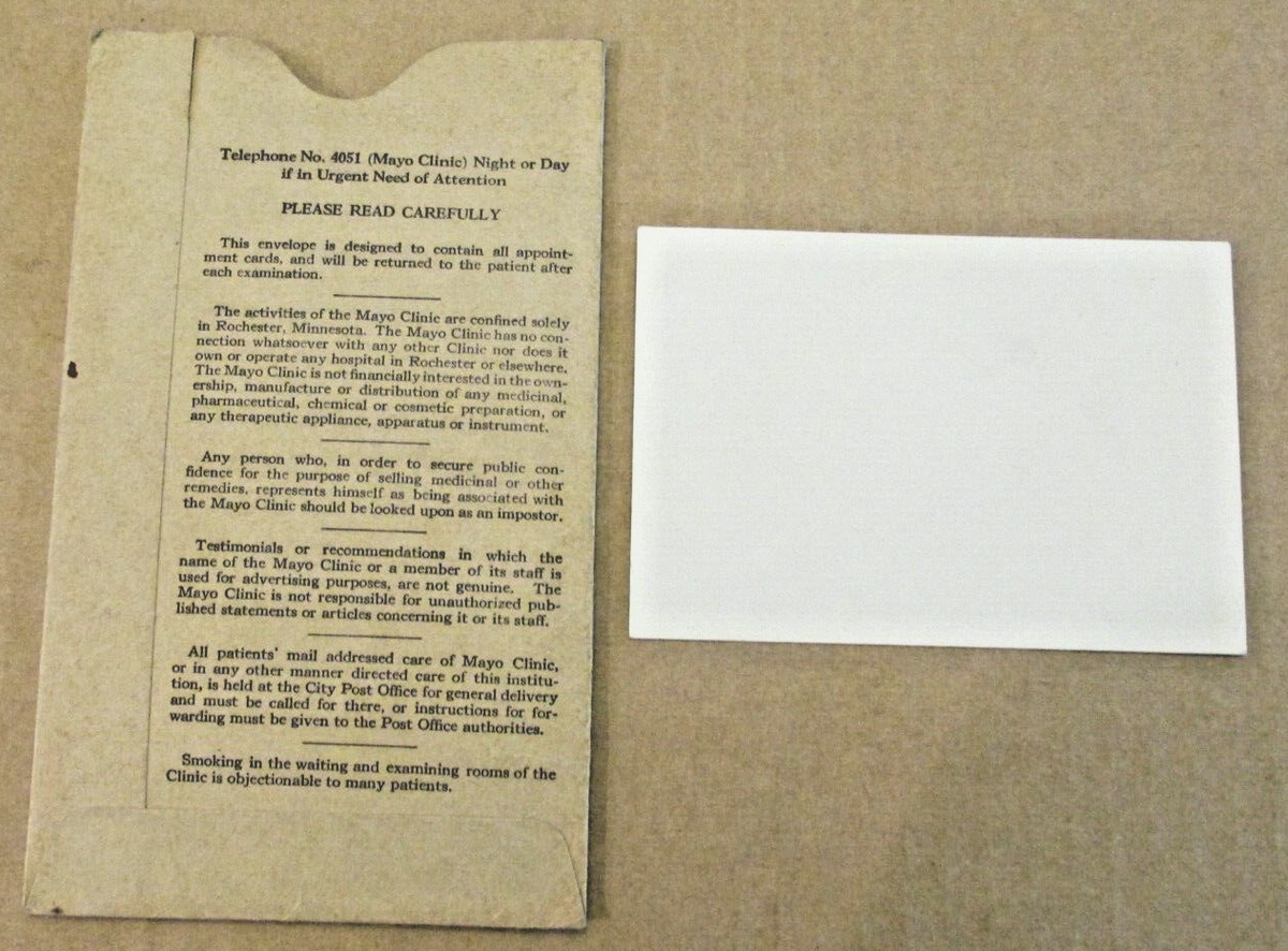 VTG 1946 Mayo Clinic Registration Envelope Rochester Minnesota