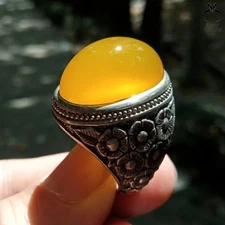 Natural Handmade Yellow Yemeni Aqeeq Agate Ring Elegant Unique Design