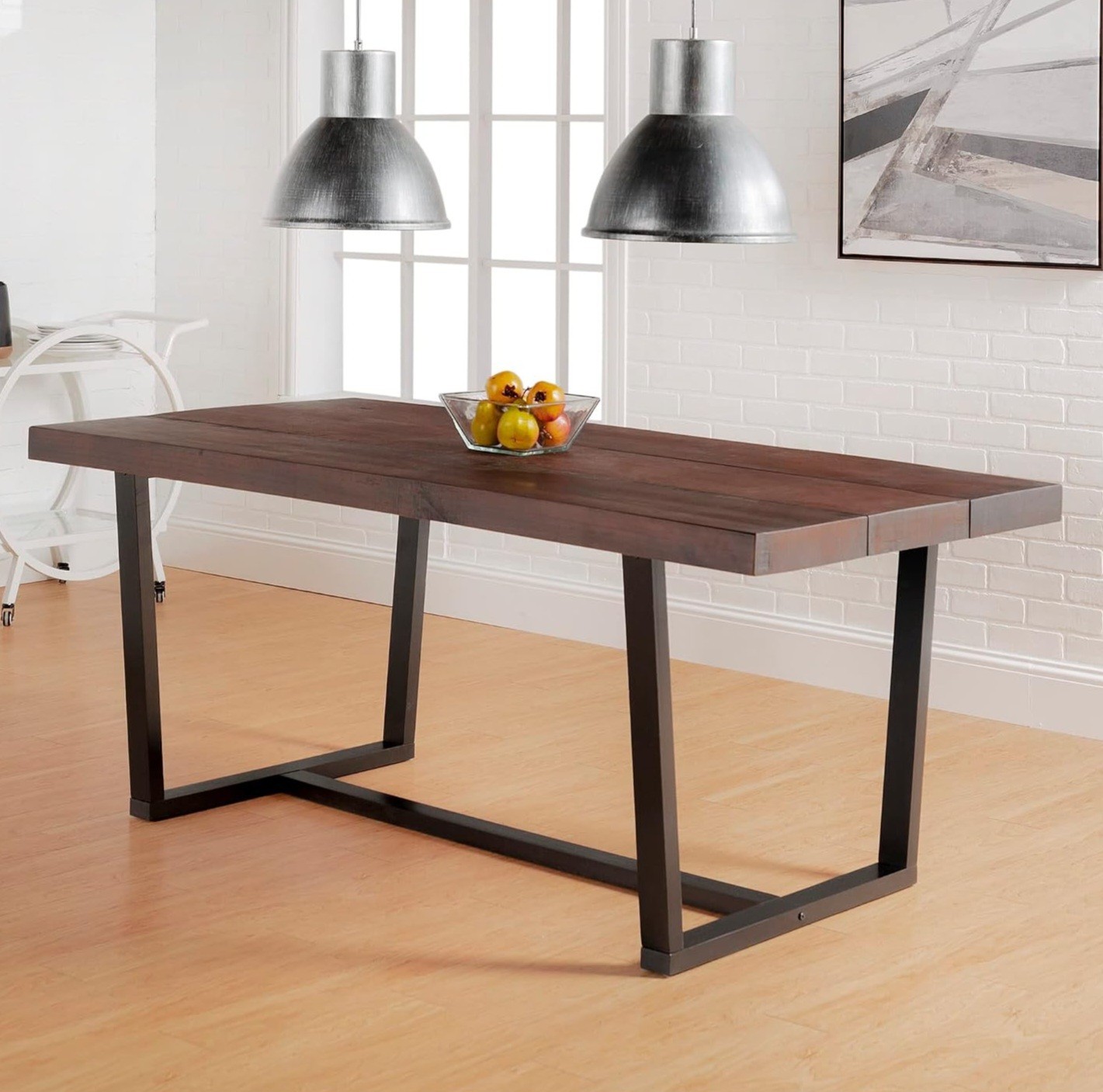 Rectangular Dining Table Dark Wood Top Black Metal Frame Mahogany Brown 72"