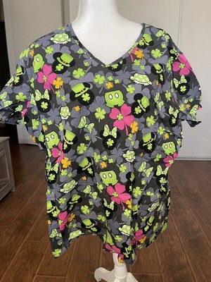 Plus Size DISNEY Shamrock LUCK OF THE MOUSE V Neck Scrub Top Medical 3X