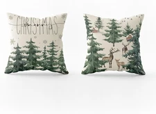 Christmas Pine Tree Pillow Covers 18×18 Inch, Winter Snow Forest Deer Throw Pill