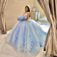 Blue Sweetheart Ball Dress Quinceanera Beaded 3D Flower Party Dress Prom Gown