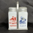 Vintage Dutch Boy Girl Salt Pepper Shaker Set w/ Stand Milk Glass Red Blue