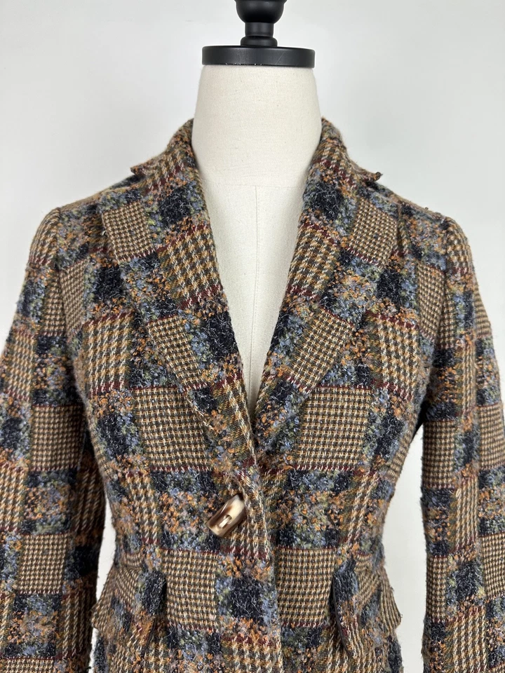 Blazer de tweed vintage Y2K talla 2/XS marrón chocolate a cuadros mezcla de lana Foto 2 de 4