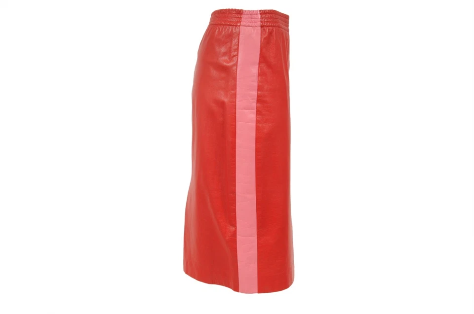 Gucci Women Midi Side Striped Pencil Skirt Size 40 Red Pink Leather Silk Lined - Image 2 of 4