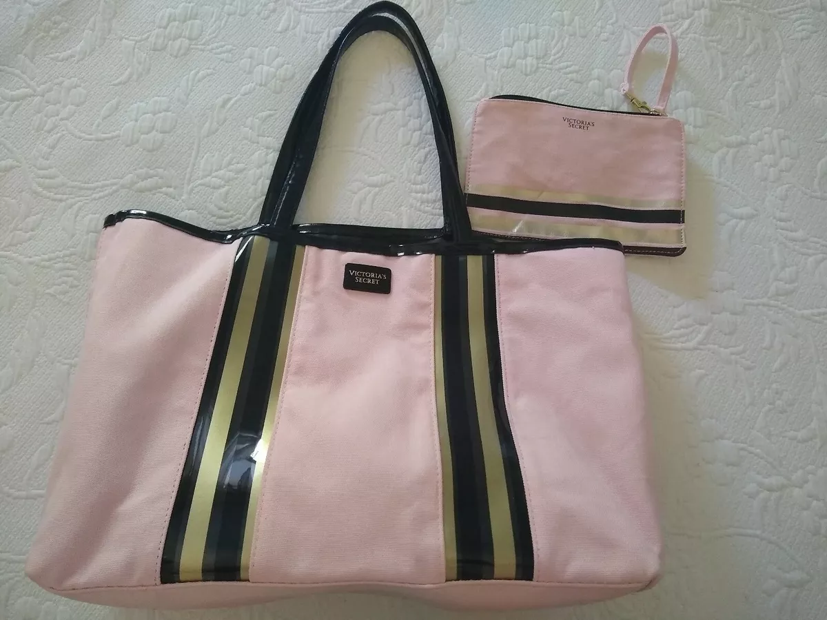 Victoria Secret TRAVEL Glass Stripe City Tote Bag BEACH Wristlet Pink Black  Ltd