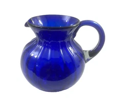 Large Hand Blown Glass Pitcher Vintage Blue  9"x 7”  Ribbed Blenko Stye