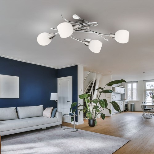 Faretto Lampada Da Soffitto 4 Fiamme E14 Foglie Decorative Vetro Opale