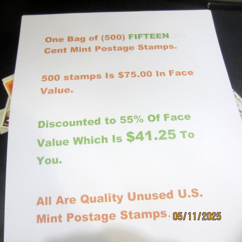 (500) FIFTEEN Cent Mint Postage Stamps* Buy At 55% Of Face Value *STK b - Picture 2 of 2