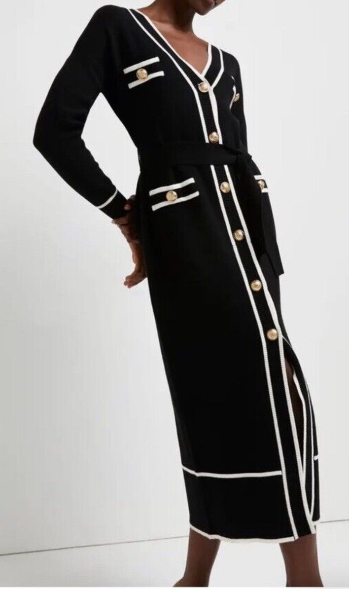 RIVER ISLAND Long Sleeve Belted Military Gold button Dress Black