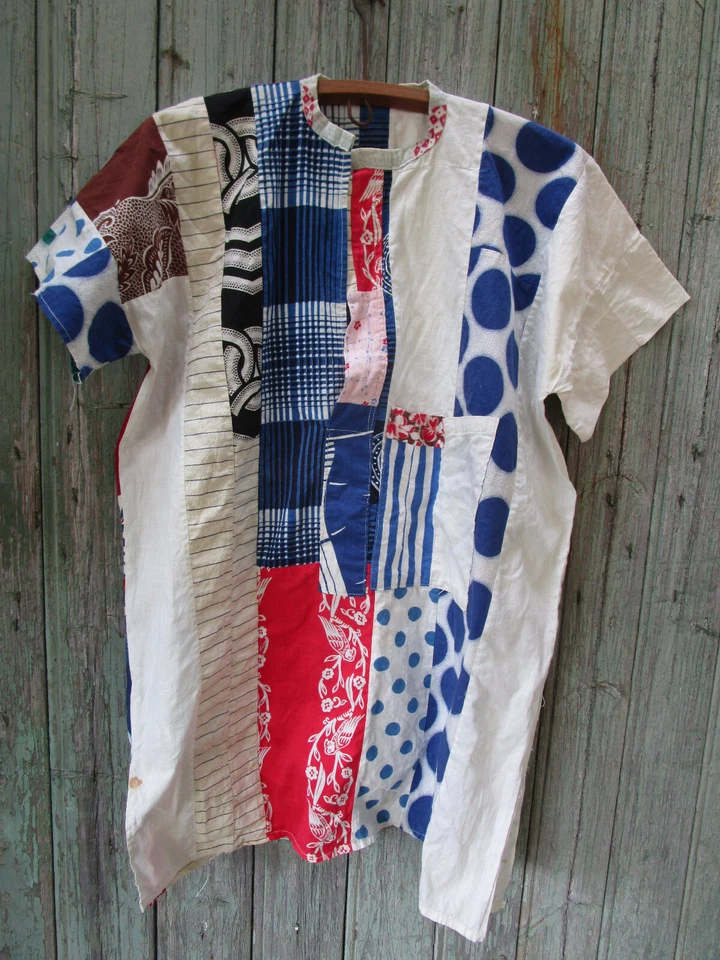 Chemise manches courtes véritable Patchwork tissu ancien Fait main Vintage - Photo 1/4