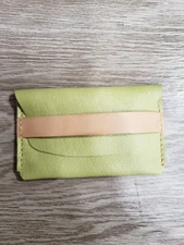 Handmade Rustic Card Holder Wallet Pouch Lime Green Beige Leather