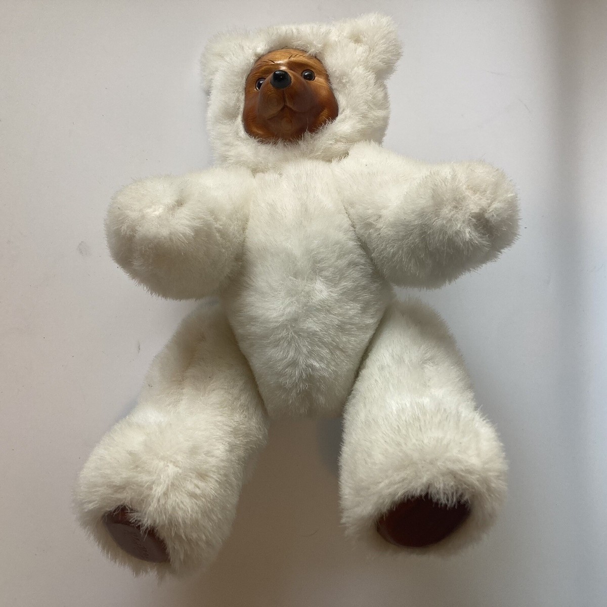 Vintage Robert Raikes Bear White Fur Wooden Face Feet Plush 80s