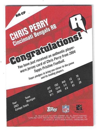 2004 TOPPS PRISTINE CHRIS PERRY ROOKIE REVOLUTION PLAYER WORN JERSEY #RR-CP - Picture 2 of 2