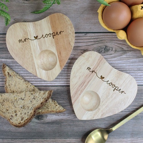 Personalised Set of 2 Mr & Mrs Egg Cups Wooden His Hers Heart Breakfast Board - Picture 10 of 20