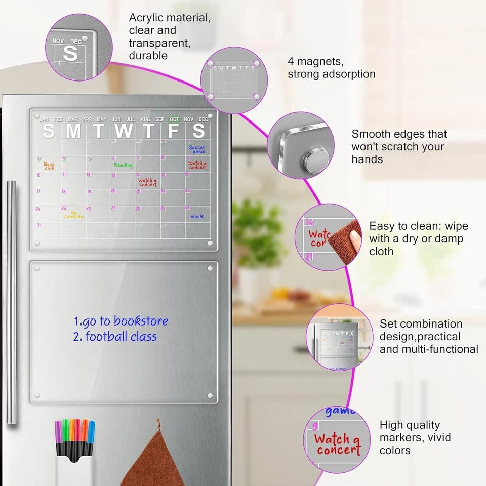 2 Magnetic Acrylic Calendar Board Weekly Monthly Planner + 6 Markers (40 x 30cm) - Image 4 of 4