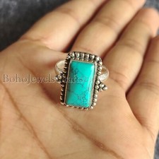 Blue Turquoise Gemstone 925 Sterling Silver Handmade Women Rings Jewelry B 304