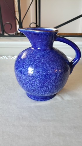 Handmade Pottery Water Pitcher Blue Speckled Glaze Round Sculptural Handle - Picture 3 of 8